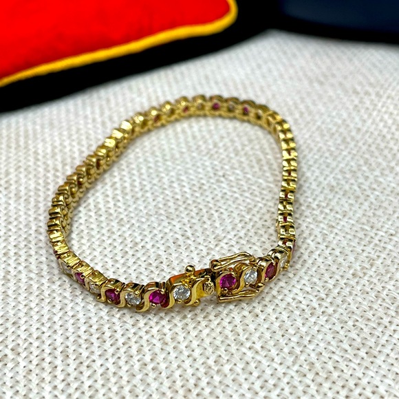 Jewelry - Vintage Gold Over 925 Sterling Silver Ruby & CZ Tennis Bracelet